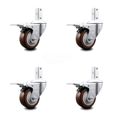Service Caster 3 Inch Maroon Poly Wheel Swivel 7/8 Inch Square Stem Caster Set Total Lock Brake SCC-SQTTL20S314-PPUB-MRN-78-4